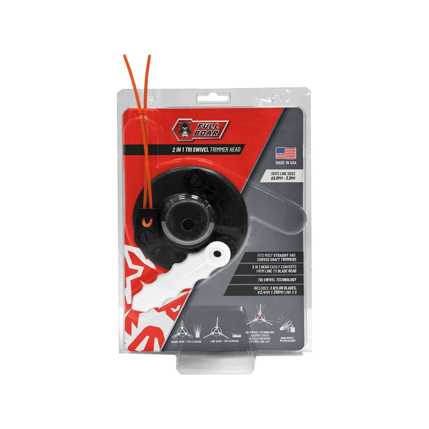 Full Boar Tri Swivel Trimmer Head - 2.0-3.3mm