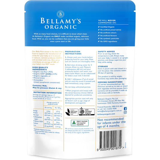 Bellamys Organic Baby Rice With Prebiotic 4+ Months 125g