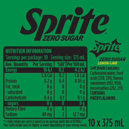 Sprite Zero Sugar Lemonade Soft Drink Cans 375ml X 10 Pack