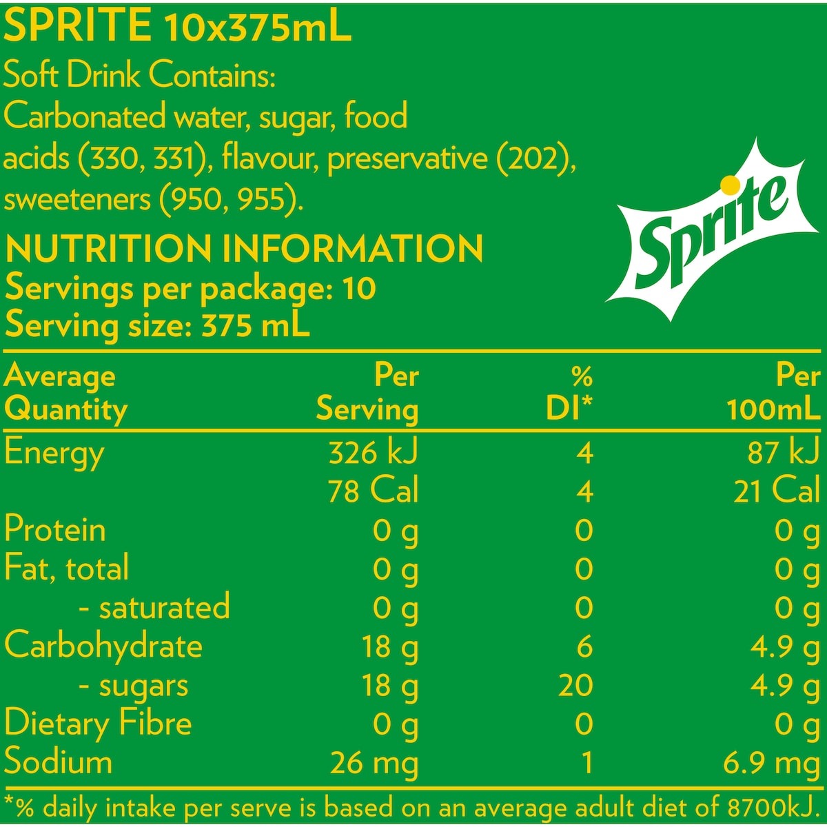 Sprite Lemonade Soft Drink Cans 375ml X 10 Pack