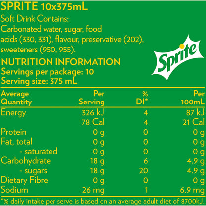 Sprite Lemonade Soft Drink Cans 375ml X 10 Pack