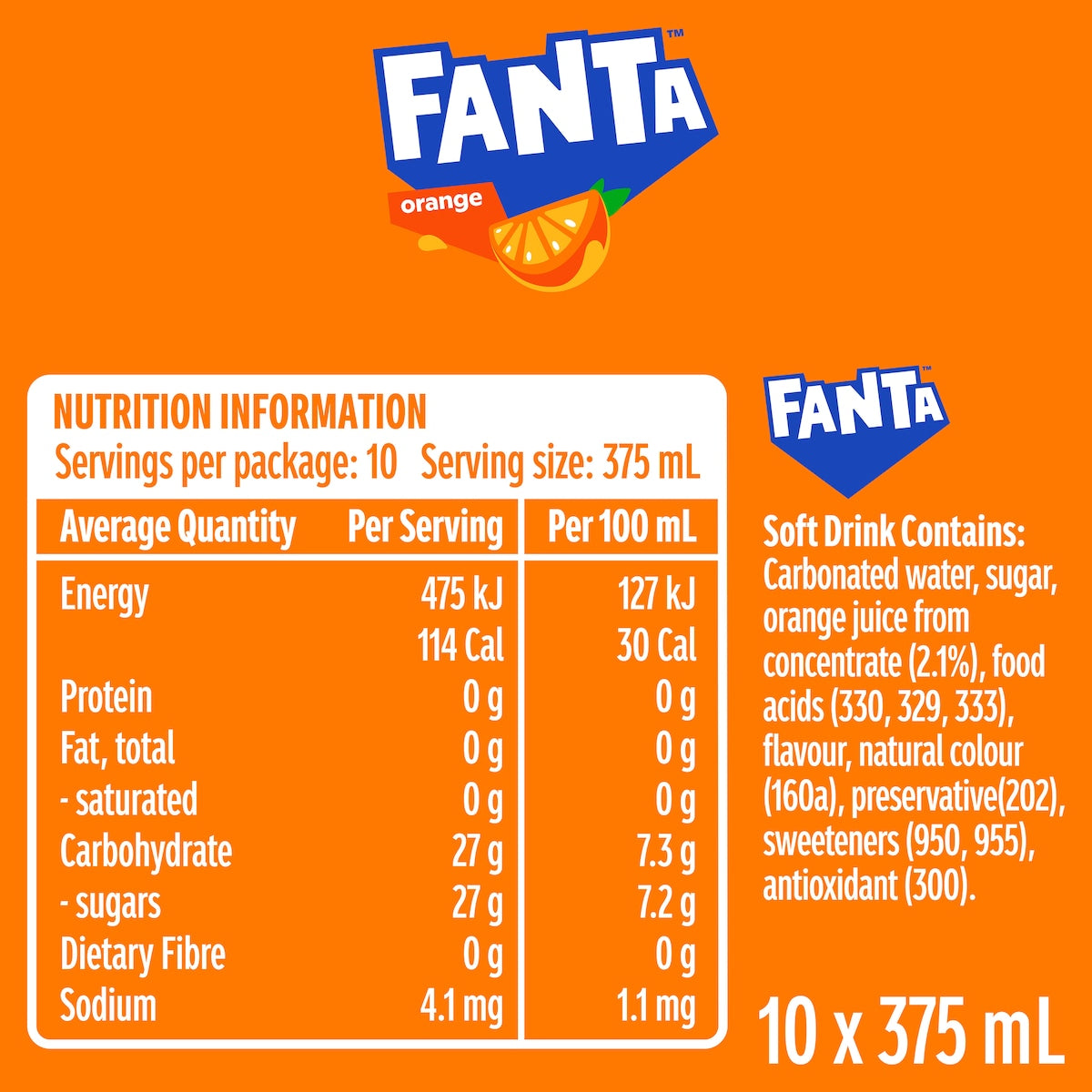 Fanta Orange Soft Drink Cans 375ml X 10 Pack