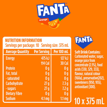 Fanta Orange Soft Drink Cans 375ml X 10 Pack