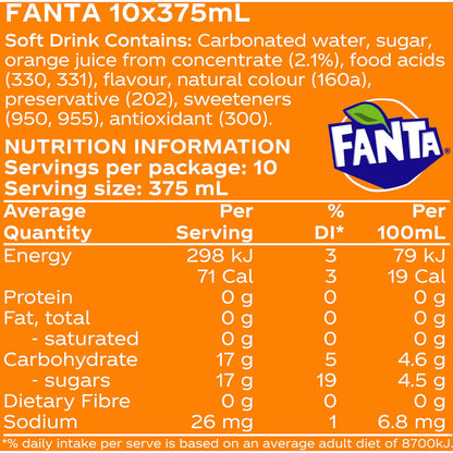Fanta Orange Soft Drink Cans 375ml X 10 Pack