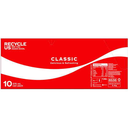 Coca-cola Classic Soft Drink Cans 375ml X 10 Pack