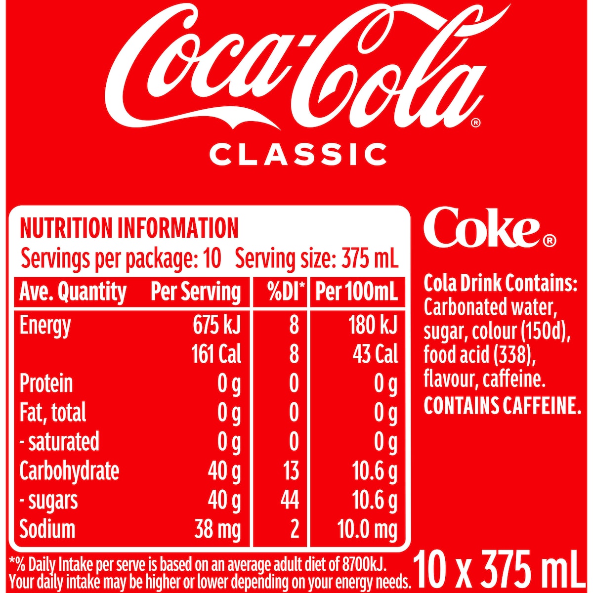Coca-cola Classic Soft Drink Cans 375ml X 10 Pack