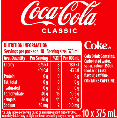 Coca-cola Classic Soft Drink Cans 375ml X 10 Pack