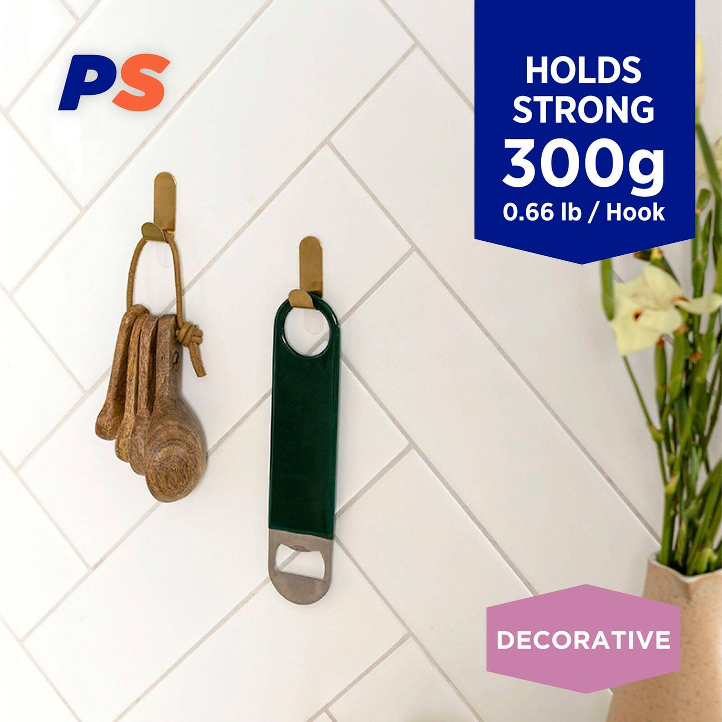 Permastik Small Brass Metal Hooks - Holds 300g - 6 Pack
