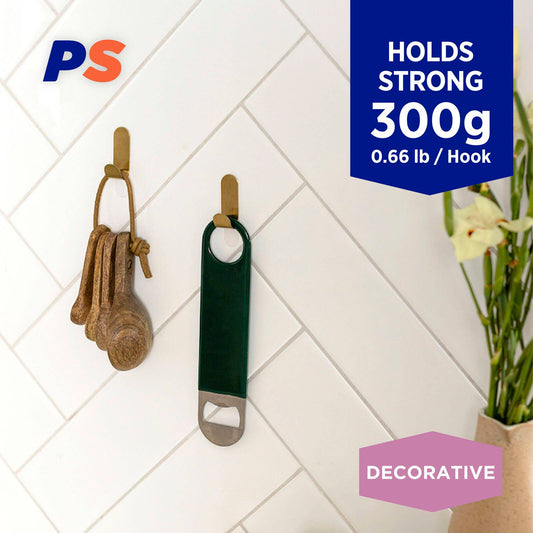 Permastik Small Brass Metal Hooks Holds 300g 6 Pack
