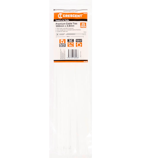 Crescent Cable Ties - 300 x 4.8mm - White - 25 Pack