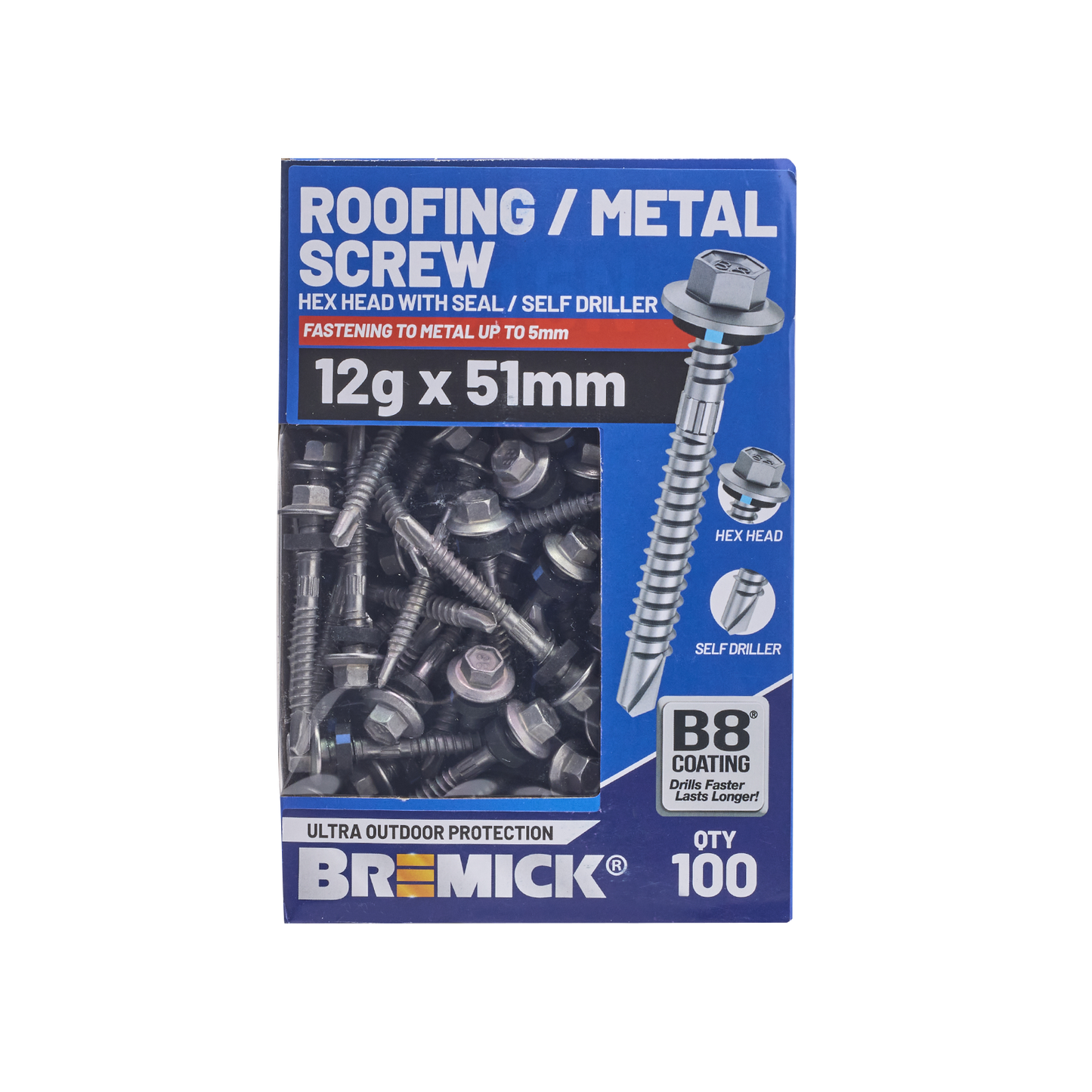 Bremick Hex Roofing Screw - 12g x 51mm - 100 Pack