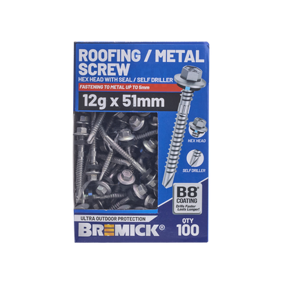 Bremick Hex Roofing Screw - 12g x 51mm - 100 Pack
