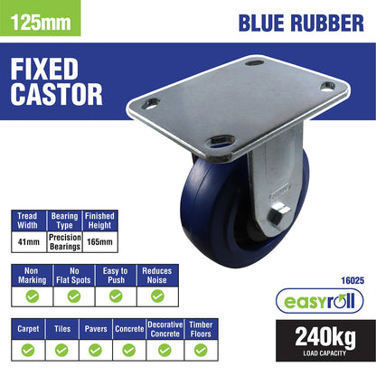 Easyroll Fixed Plate Castor - 125mm - Blue Elastic Rubber - Non-Marking