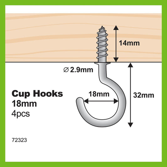 Everhang Cup Hooks - 18mm Zinc Plated - Steel - 4 Pack - Durable