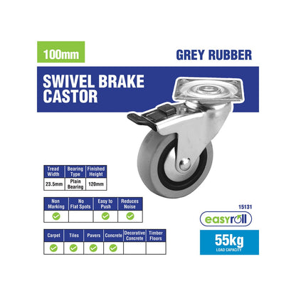 Move It 100mm Grey Rubber Heavy Duty Swivel Brake Castor