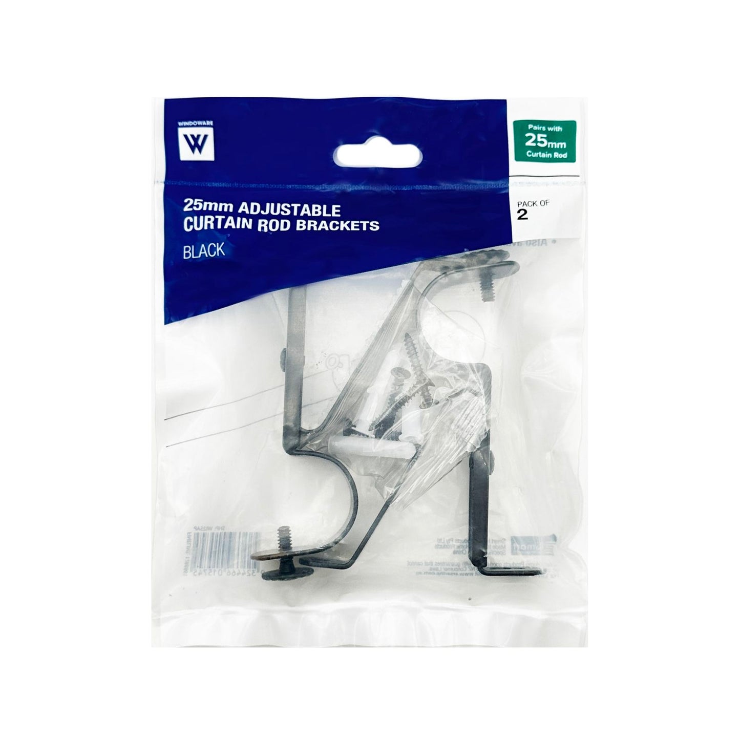 Windoware Black Adjustable Curtain Bracket - 25mm - 2 Pack