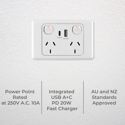 Deta Double Power Point with USB A+C - White