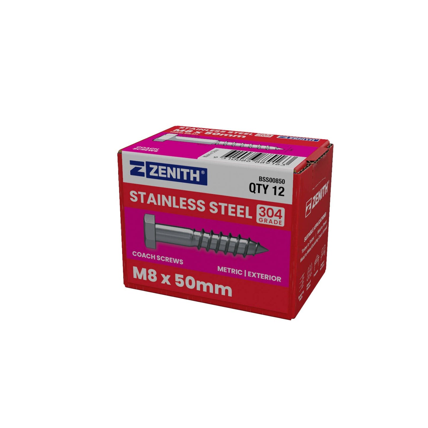 Zenith Coach Screws - M8 x 50mm - Stainless Steel 304 - 12 Pack