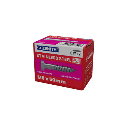 Zenith Coach Screws - M8 x 50mm - Stainless Steel 304 - 12 Pack