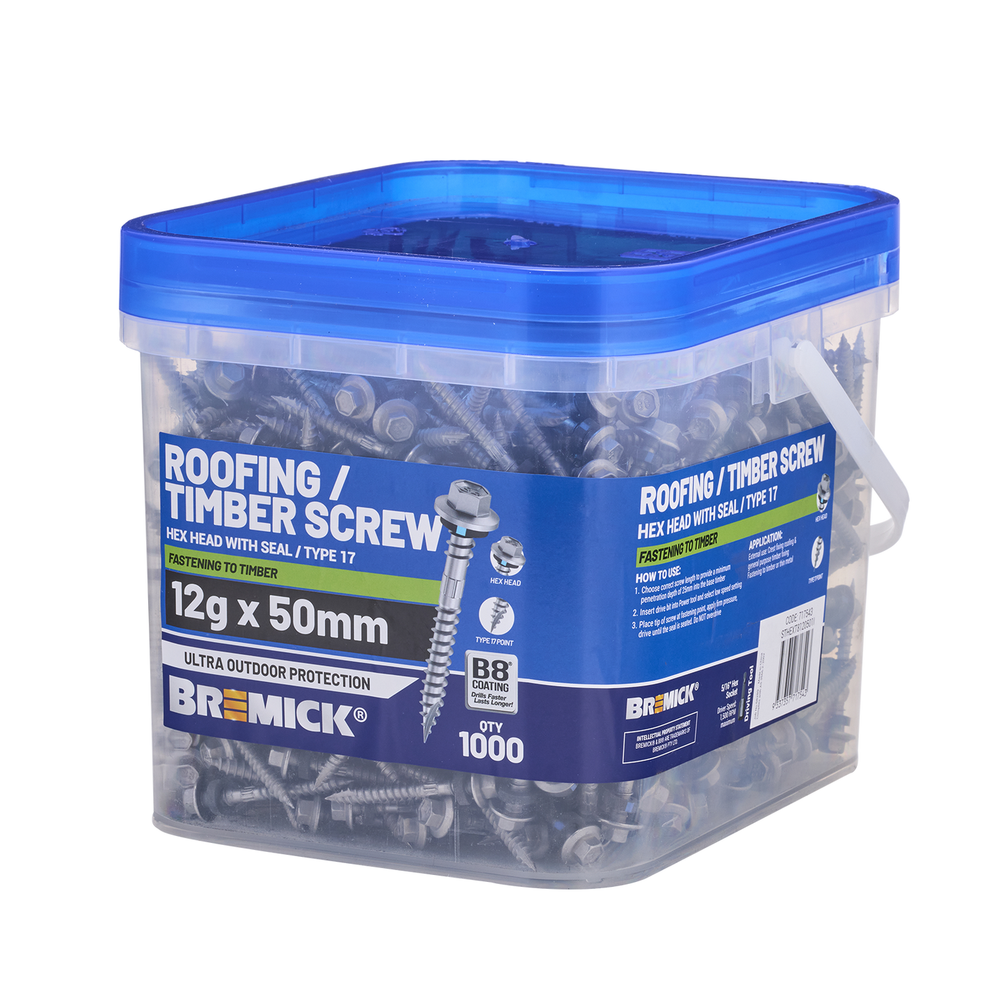Bremick Hex Roofing Screw - 12g x 50mm - 1000 Pack