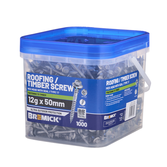 Bremick Hex Roofing Screw - 12g x 50mm - 1000 Pack