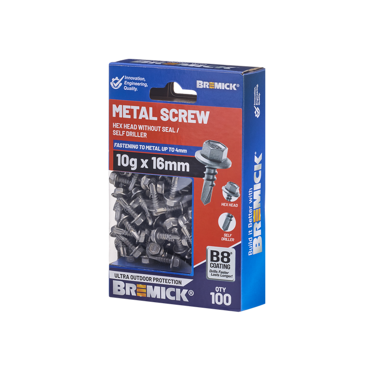 Bremick Metal Hex Screw 10g x 16mm B8 Box 100