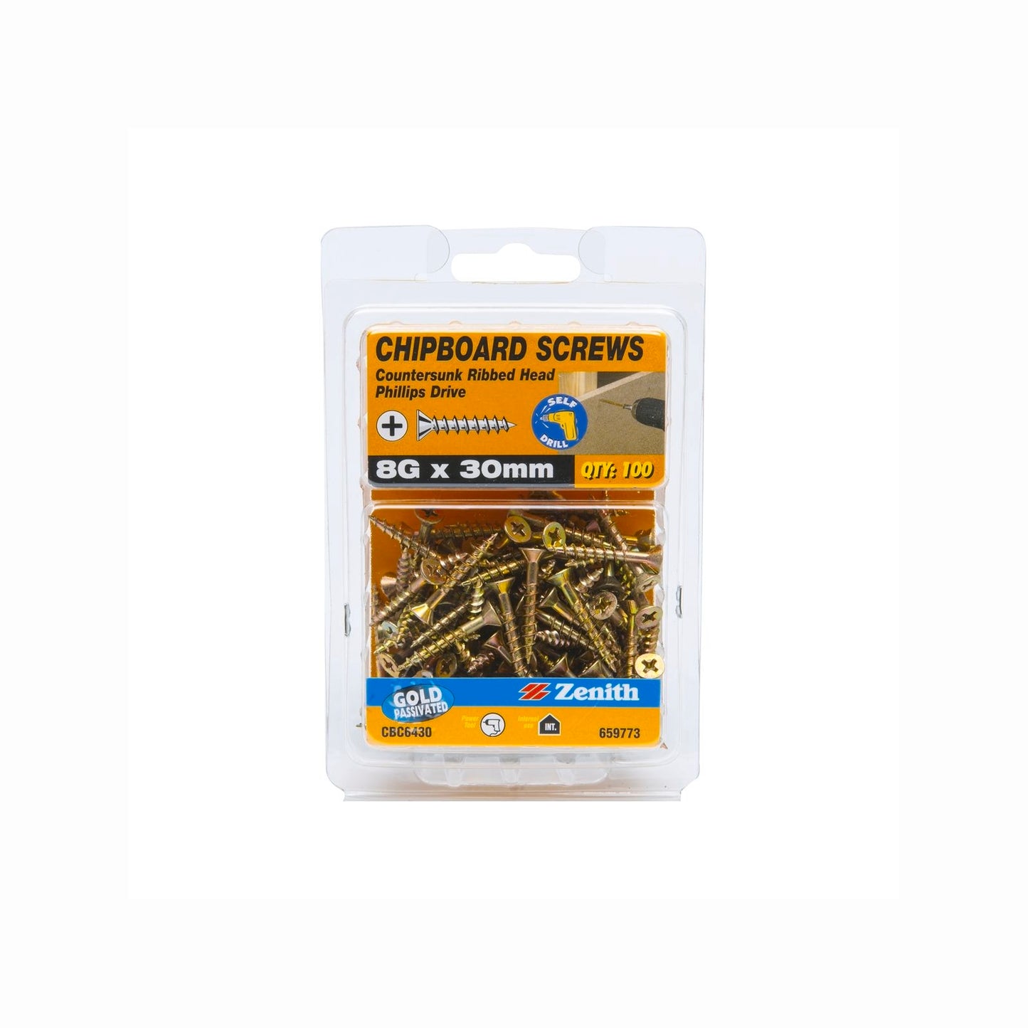 Zenith 8g Chipboard Screws - 30mm - Gold - 100 Pack