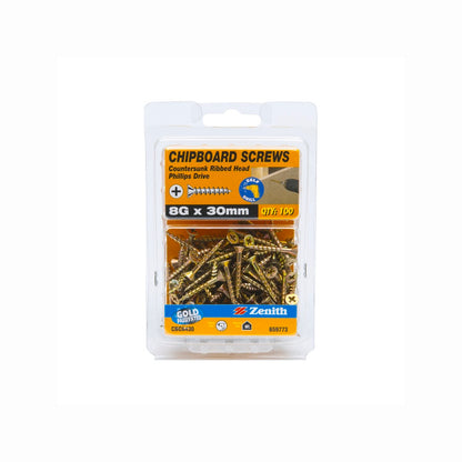 Zenith 8g Chipboard Screws - 30mm - Gold - 100 Pack