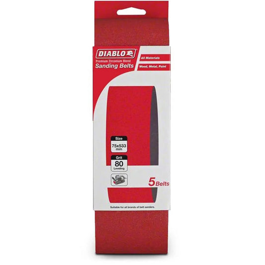 Diablo 80 Grit Abrasive Belt 75 x 533mm 5 Pack Premium Zirconium Blend