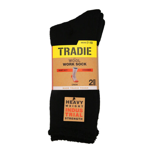 Tradie Men's Black Wool Crew Socks - Size 7-10 - 2 Pack
