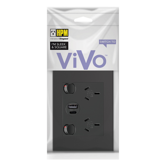 HPM Black Vivo Double Powerpoint - 2 Outlet - 15W USB