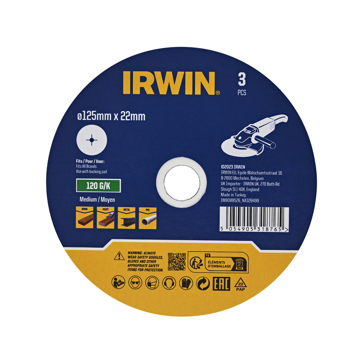 Irwin Fibre Disc - 125 x 22mm - 120 Grit - 3 Pack