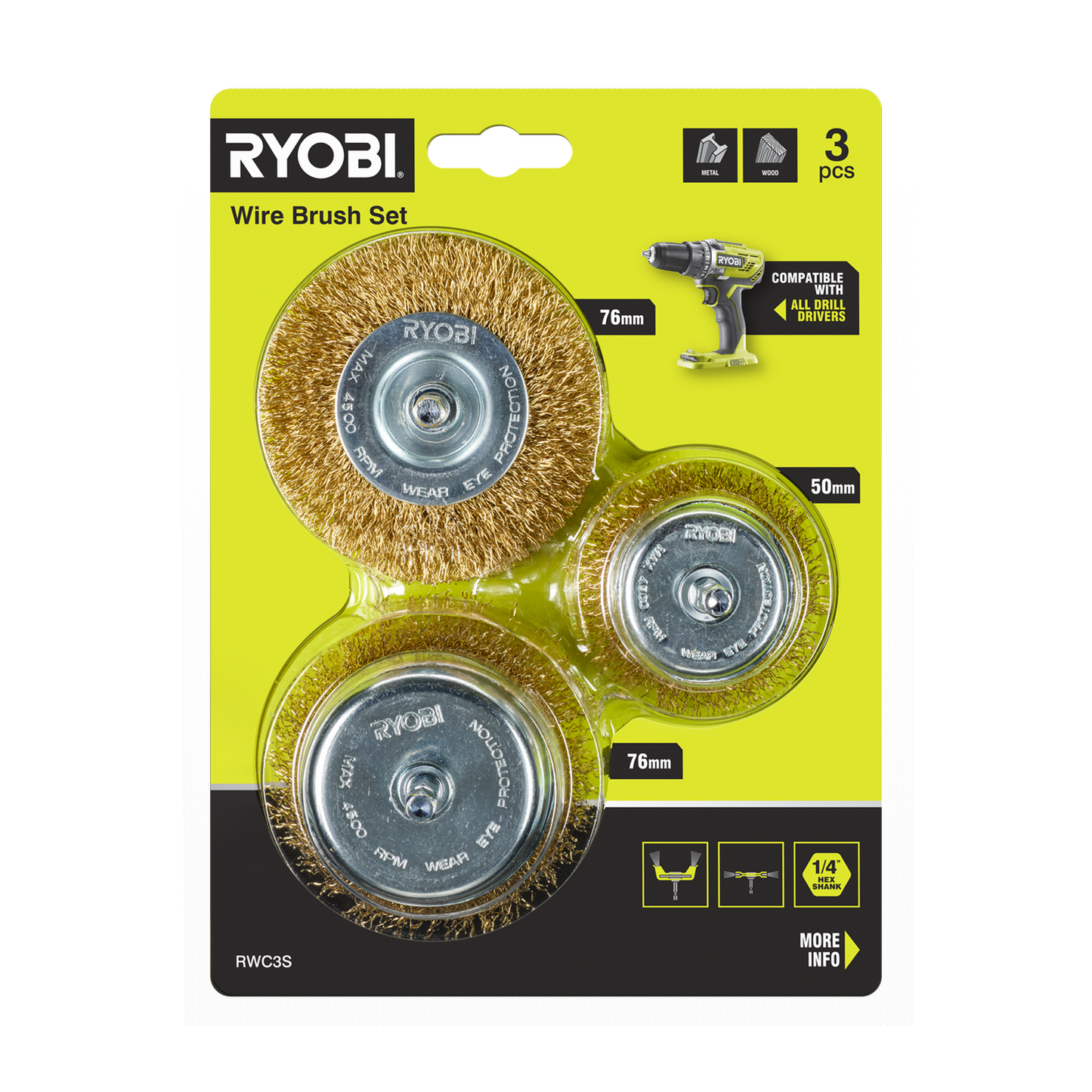 Ryobi Wire Brush Set - 76mm & 50mm - 3 Piece