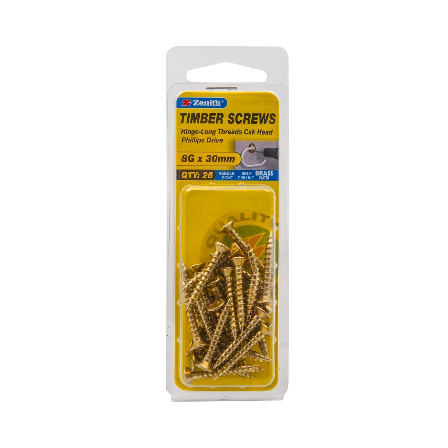 Zenith Timber Screws - 8g x 30mm - Brass - 25 Pack
