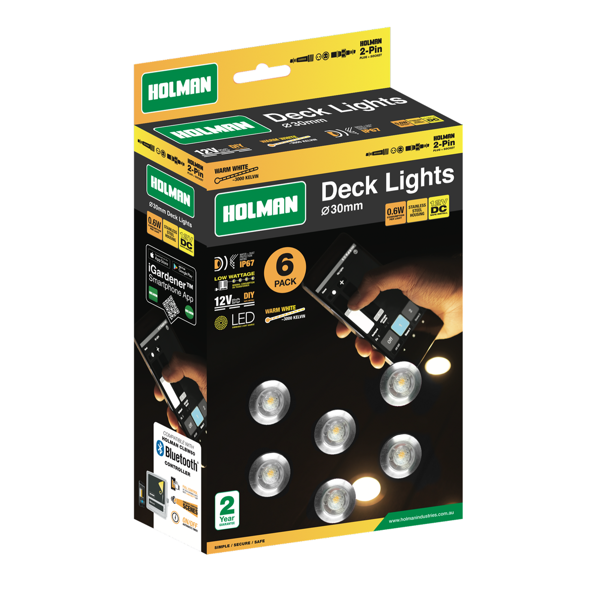Holman 30mm Warm White Deck Light 6 Pack Stainless Steel Waterproof