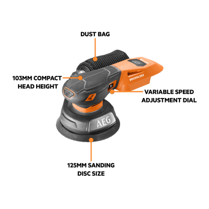 AEG Brushless Sub Compact Random Orbital Sander - 125mm - 18V - Skin Only