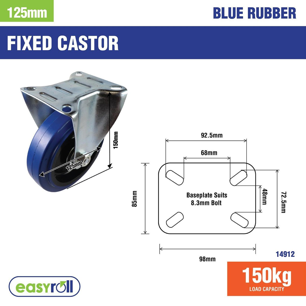 Easyroll Fixed Castor - 125mm - Blue Elastic Rubber - Non-Marking