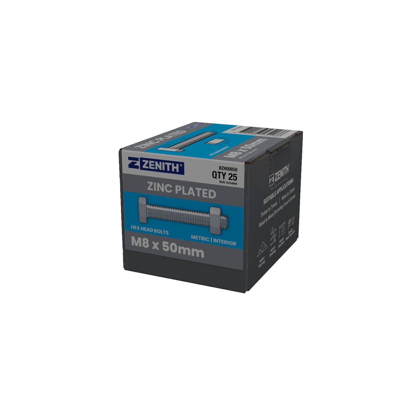 Zenith M8 x 50mm Zinc Plated Hex Head Bolts and Nuts - 25 Pack