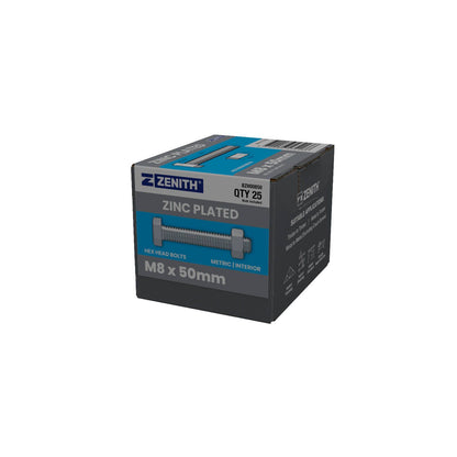 Zenith M8 x 50mm Zinc Plated Hex Head Bolts and Nuts - 25 Pack