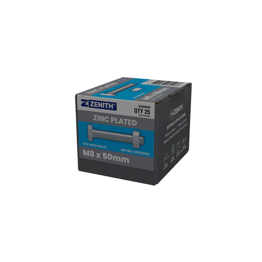 Zenith M8 x 50mm Zinc Plated Hex Head Bolts and Nuts - 25 Pack