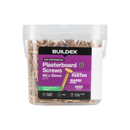 Buildex Plasterboard Screws - 6g x 30mm - Gold - 1000 Pack