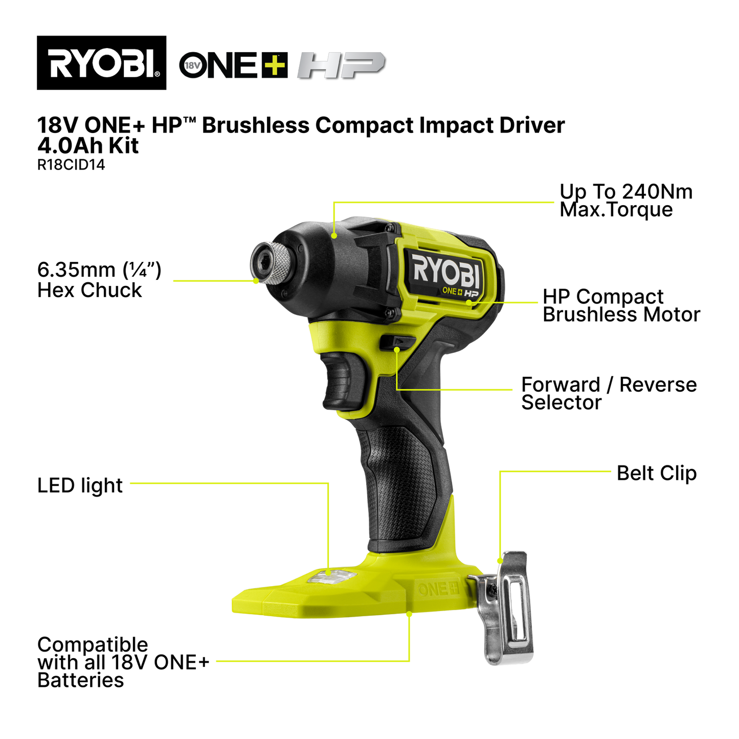 Ryobi Brushless Compact Impact Driver Kit - R18CID14 - 18V ONE+ - 240Nm - 4200IPM