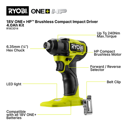 Ryobi Brushless Compact Impact Driver Kit - R18CID14 - 18V ONE+ - 240Nm - 4200IPM