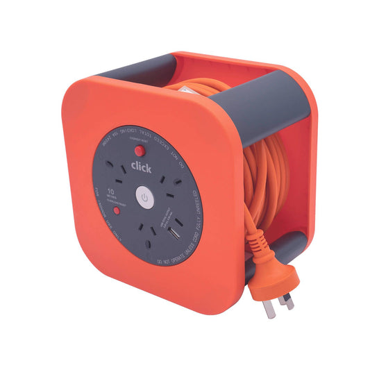 Click 3 Outlets 10m Square Cable Reel with USB Charger Orange