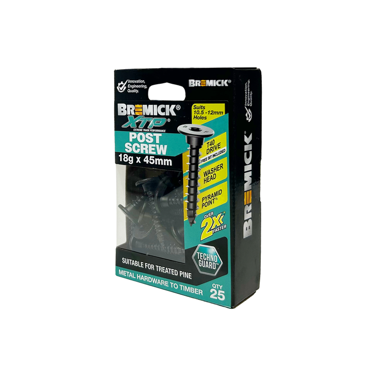 Bremick XTP Post Screw 18g x 45mm Technoguard Black 25 Pack