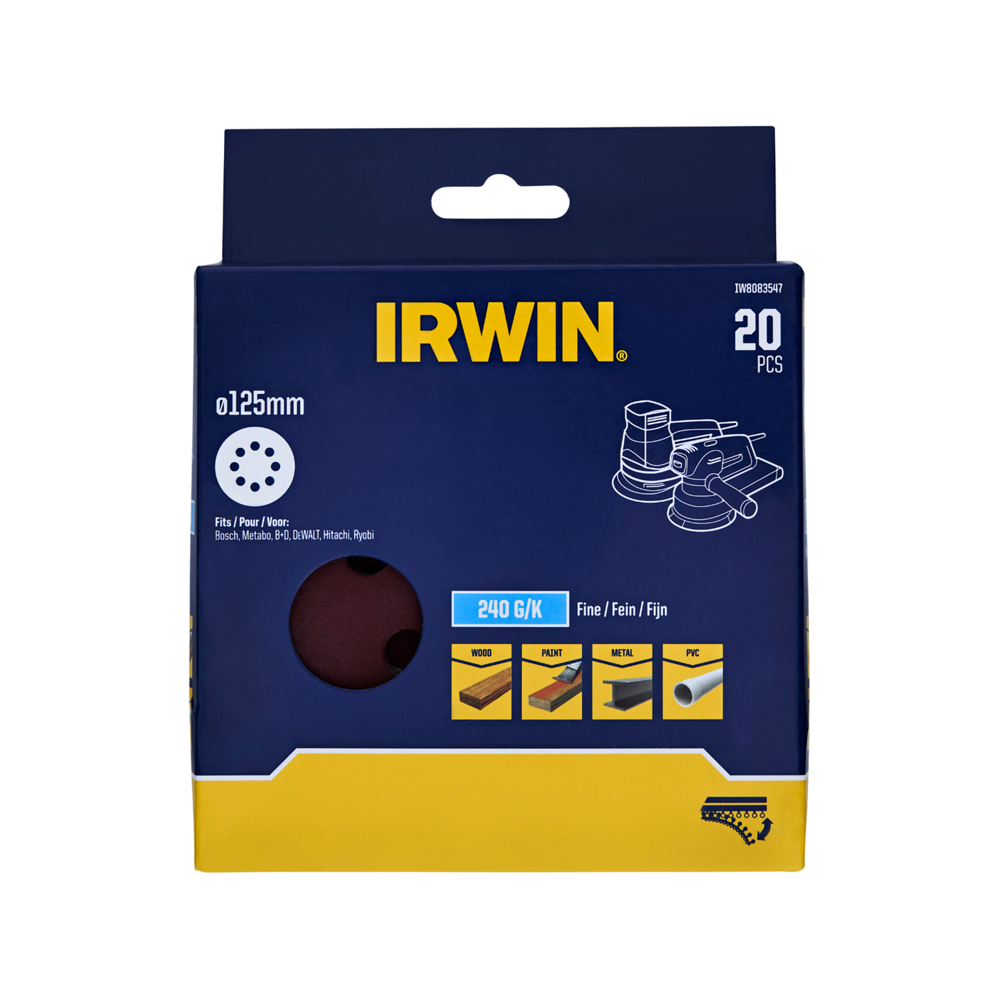 Irwin Quick Fit Random Orbital Sanding Discs - 125mm - 240 Grit - 20 Pack