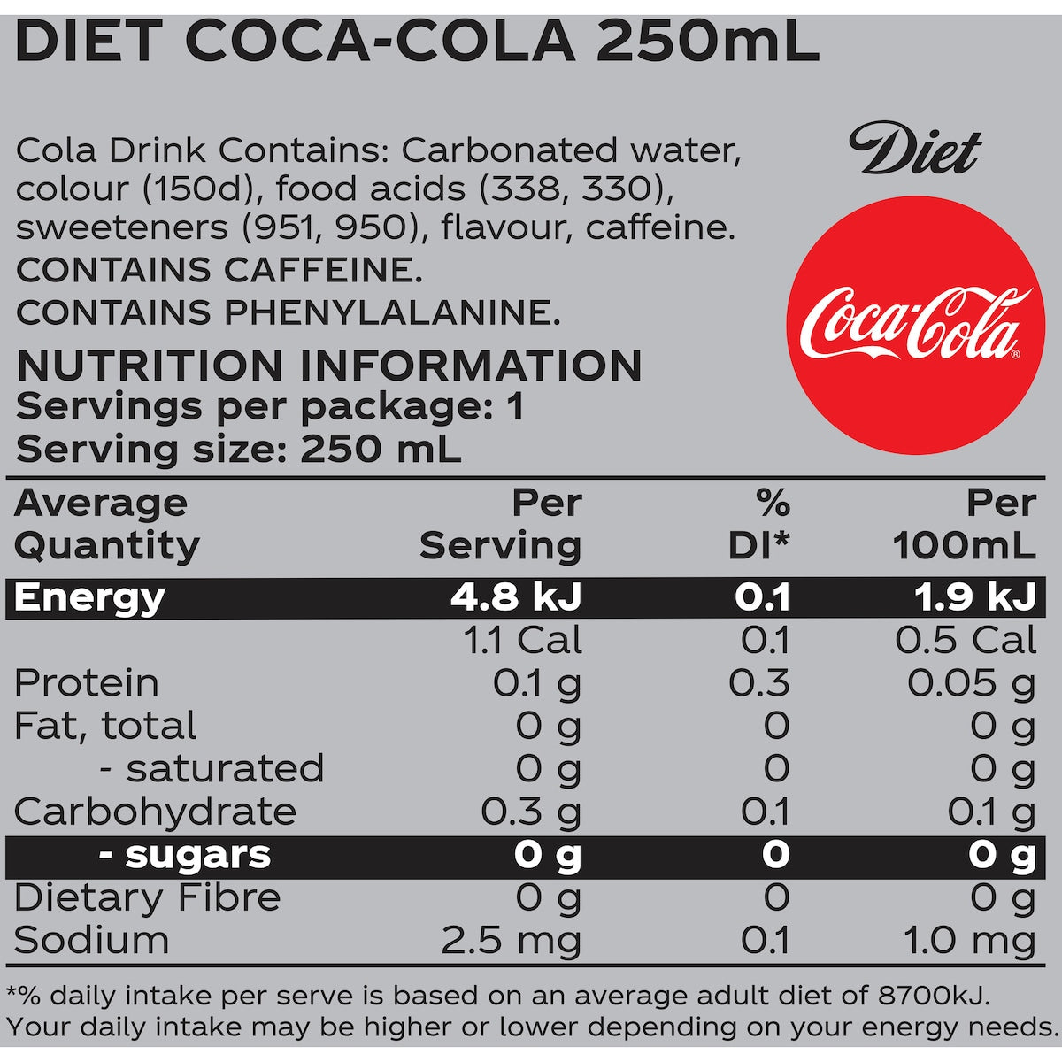 Coca-cola Diet Soft Drink Can 250ml