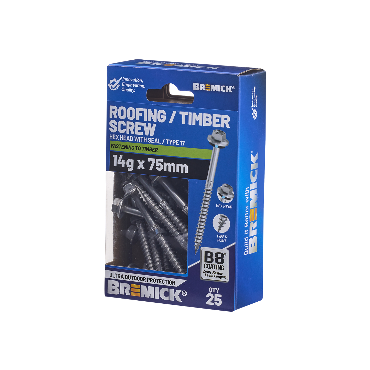 Bremick Hex Timber Screw - 14g x 75mm - B8 - 25 Pack