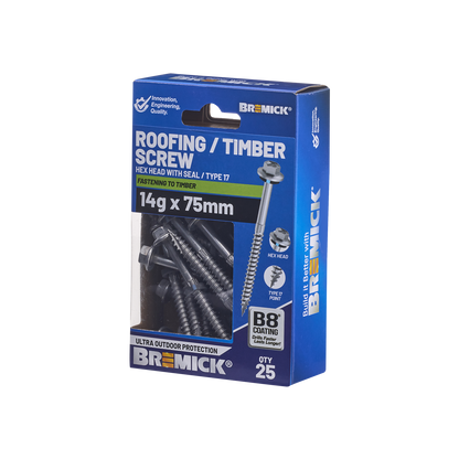 Bremick Hex Timber Screw - 14g x 75mm - B8 - 25 Pack