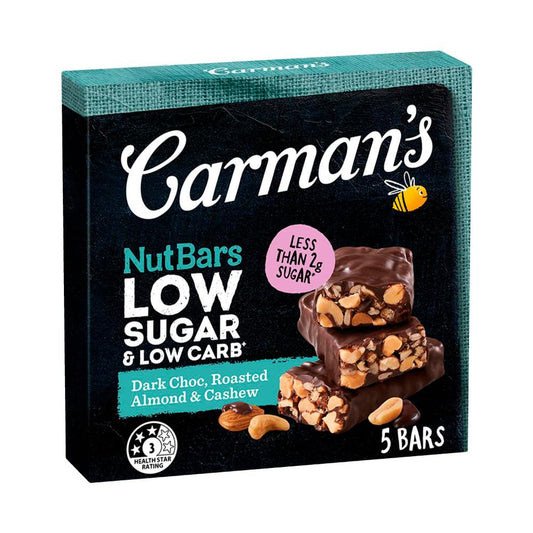 Carman's Low Sugar Low Carb Nut Bars Dark Choc Roasted Almond & Cashew - 160g